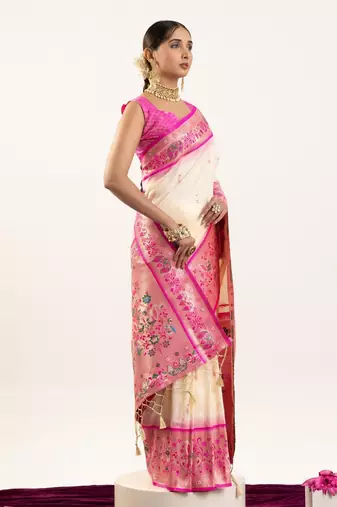 off white peacock design banarasi silk paithani saree