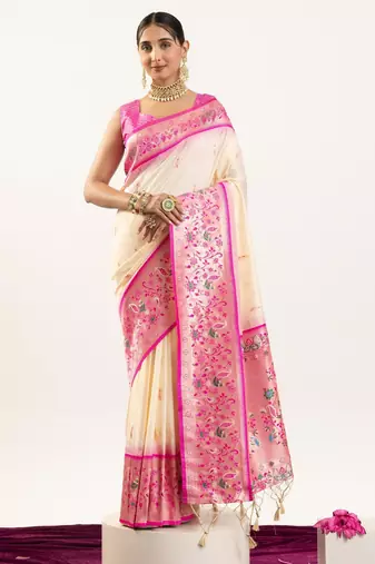 off white peacock design banarasi silk paithani saree
