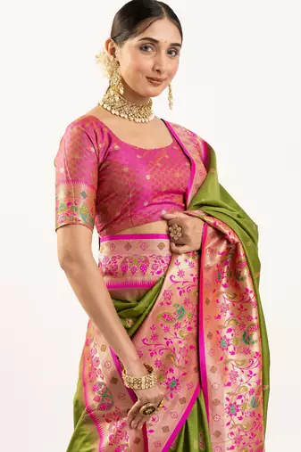 Olive color peacock design with zari weaving banarasi silk paithani saree