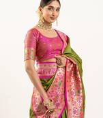 Olive color peacock design with zari weaving banarasi silk paithani saree