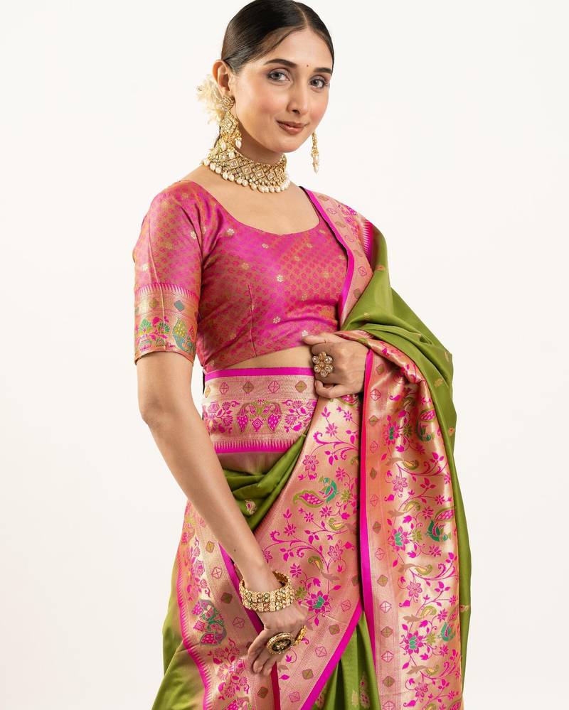 Olive color peacock design with zari weaving banarasi silk paithani saree