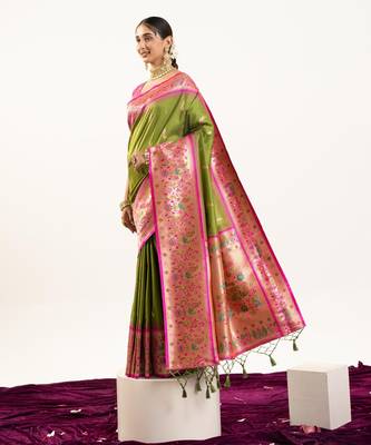 olive peacock design banarasi silk paithani saree 2