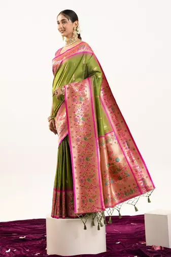 olive peacock design banarasi silk paithani saree