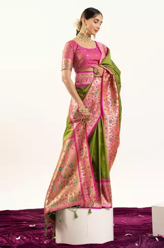 olive peacock design banarasi silk paithani saree