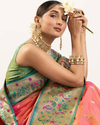 peach peacock design banarasi silk paithani saree 2