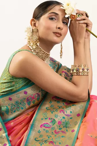 peach peacock design banarasi silk paithani saree