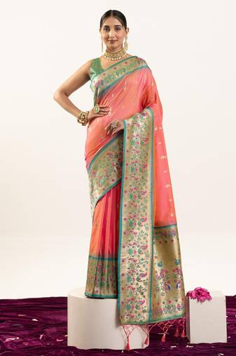 Peach color peacock design with zari weaving banarasi silk paithani saree
