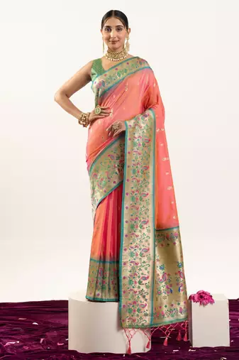 Peach color peacock design with zari weaving banarasi silk paithani saree