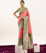 Peach color peacock design with zari weaving banarasi silk paithani saree