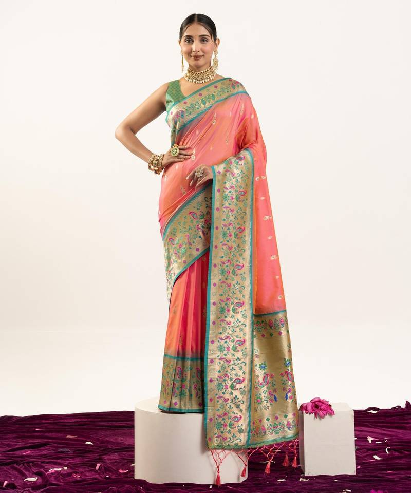 Peach color peacock design with zari weaving banarasi silk paithani saree