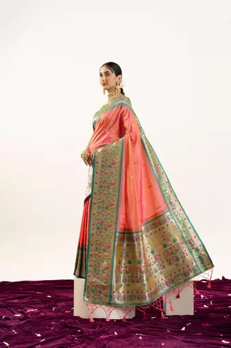 peach peacock design banarasi silk paithani saree