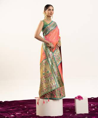 peach peacock design banarasi silk paithani saree 4