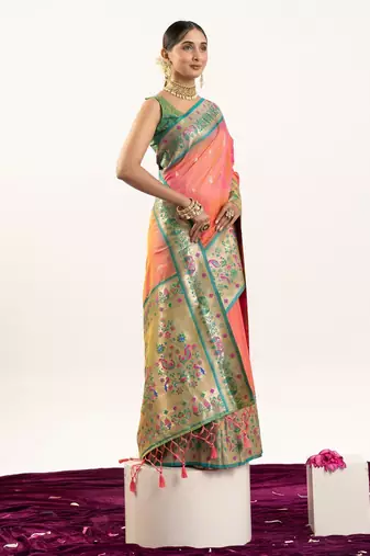 peach peacock design banarasi silk paithani saree