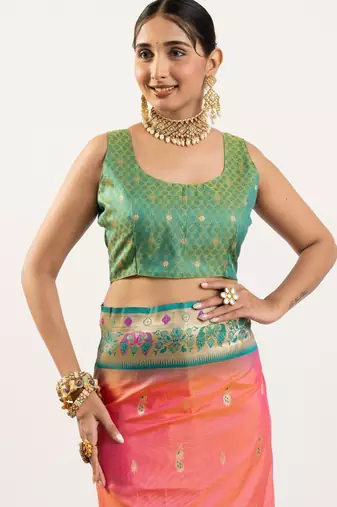 peach peacock design banarasi silk paithani saree