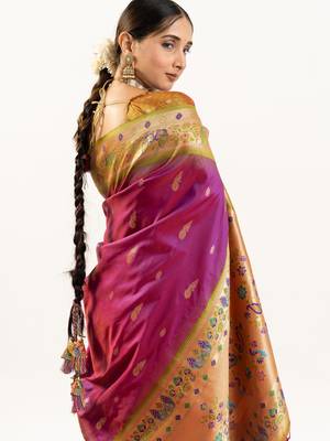 plum peacock design banarasi silk paithani saree 2