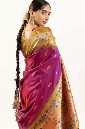 plum peacock design banarasi silk paithani saree