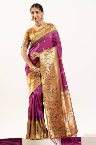 Plum color peacock design with zari weaving banarasi silk paithani saree