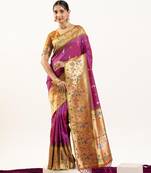Plum color peacock design with zari weaving banarasi silk paithani saree