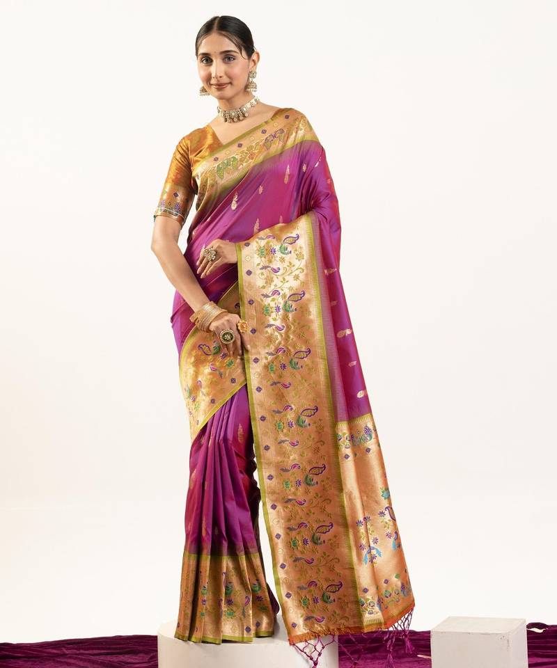 Plum color peacock design with zari weaving banarasi silk paithani saree