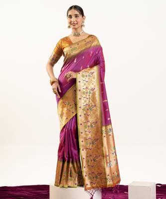 plum peacock design banarasi silk paithani saree 3