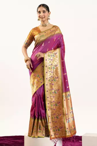 plum peacock design banarasi silk paithani saree