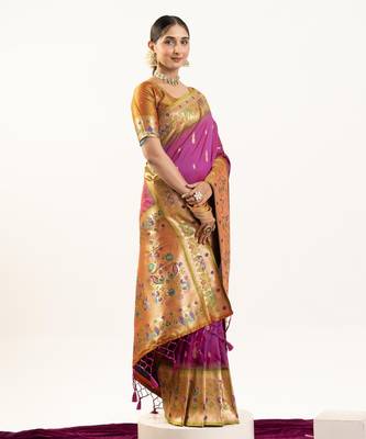 plum peacock design banarasi silk paithani saree 4