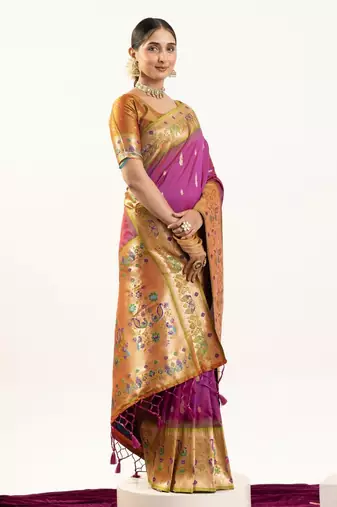 plum peacock design banarasi silk paithani saree