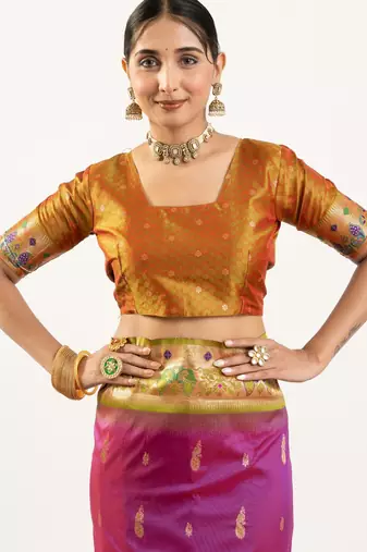 plum peacock design banarasi silk paithani saree