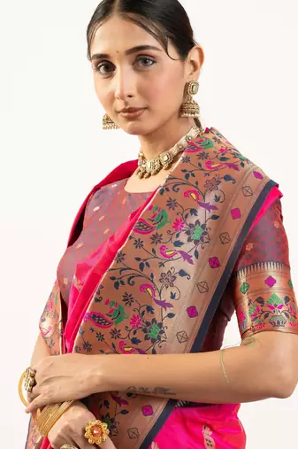 rani pink peacock design banarasi silk paithani saree