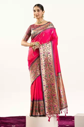 Rani pink color peacock design with zari weaving banarasi silk paithani saree