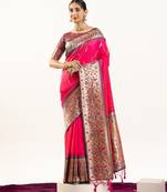 Rani pink color peacock design with zari weaving banarasi silk paithani saree