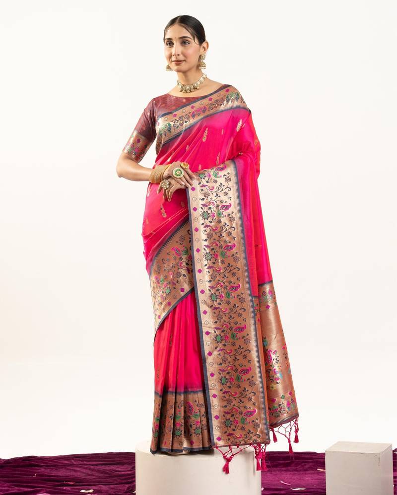 Rani pink color peacock design with zari weaving banarasi silk paithani saree