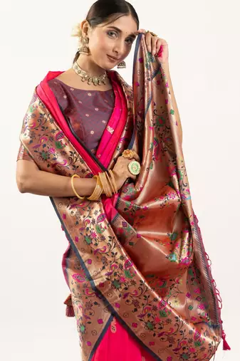 rani pink peacock design banarasi silk paithani saree