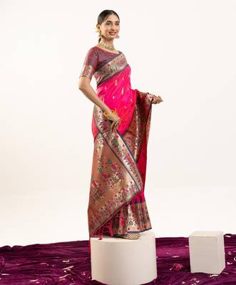 rani pink peacock design banarasi silk paithani saree 4
