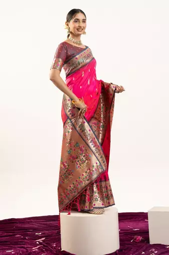 rani pink peacock design banarasi silk paithani saree