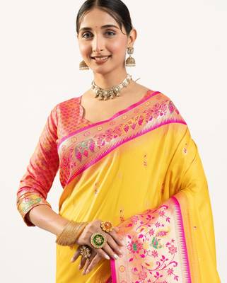 yellow peacock design banarasi silk paithani saree 2
