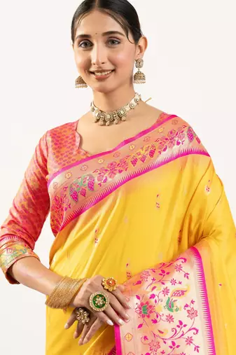 yellow peacock design banarasi silk paithani saree