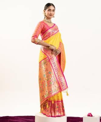 yellow peacock design banarasi silk paithani saree 3