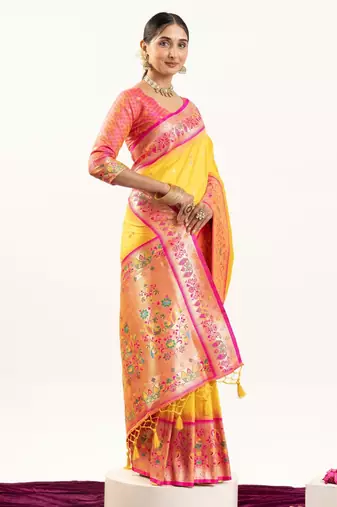 yellow peacock design banarasi silk paithani saree