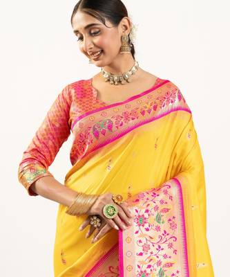 yellow peacock design banarasi silk paithani saree 4