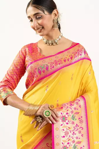yellow peacock design banarasi silk paithani saree