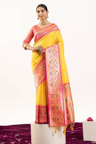 Yellow color peacock design with zari weaving banarasi silk paithani saree