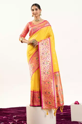 Yellow color peacock design with zari weaving banarasi silk paithani saree