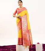 Yellow color peacock design with zari weaving banarasi silk paithani saree