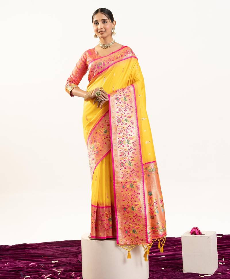 Yellow color peacock design with zari weaving banarasi silk paithani saree