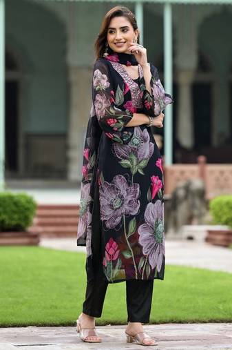 Women Embroidered Regular Kurta with Salwar & Dupatta