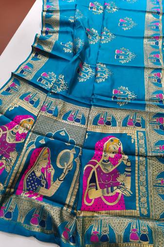 Turquoise color meena weaving banarasi silk saree