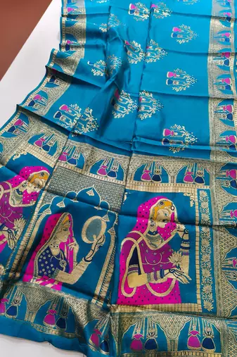 Turquoise color meena weaving banarasi silk saree