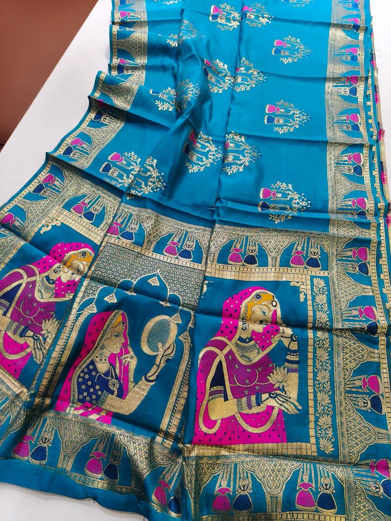 Turquoise color meena weaving banarasi silk saree