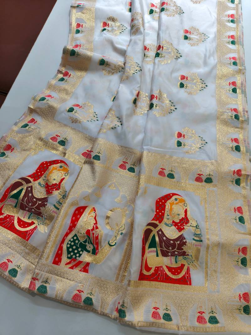 White color meena weaving banarasi silk saree
